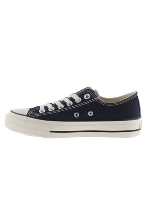 Zapatilla de lona navy con cordones y ojetes blancos. Presenta una puntera de goma y una suela delgada de goma con una franja negra en la base.