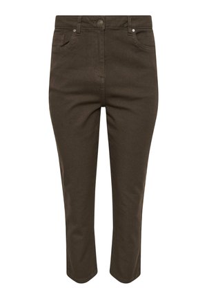 Ciemnobrązowe spodnie z wysokim stanem, z przodu zapinane na guzik i zamek błyskawiczny, z dwoma przednimi kieszeniami oraz prostymi, skróconymi nogawkami.