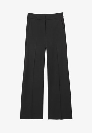 Black wide-leg trousers made of a smooth, stretchy fabric. Features two side pockets and sharp front pleats for a tailored appearance.