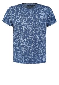 T-shirt bleu à manches courtes avec un motif floral et de vigne bleu clair, col rond, et petite étiquette de marque près de l'ourlet inférieur.