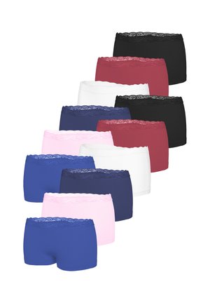 Stack of ten women's boyshort underwear in blue, pink, white, red, and black, each with a lace waistband, displayed on a white background.