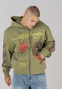 Ed Hardy DOUBLE  HOODY  - Mikina na zip - mosstone