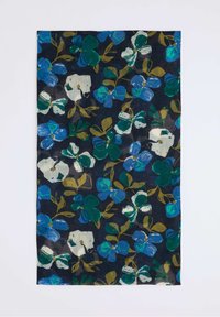 Blumen-Schal mit blauen, grünen und weißen Blumen auf dunklem Hintergrund. Leichter Stoff mit weicher Textur. Rechteckige Form.