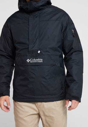 Black hooded jacket with a half-zip design, featuring a front pocket, zipper pocket on the arm, and a logo on the chest. Smooth, water-resistant material.