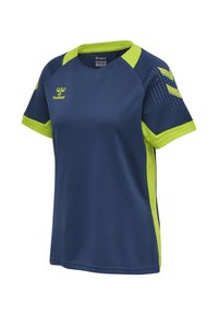Kurzärmliges Sporttrikot in Marineblau mit leuchtend grünen Akzenten, atmungsaktivem Mesh-Gewebe und hummel-Logos auf Brust und Ärmeln.