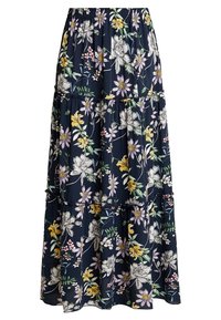 Jupe plissée bleu marine à taille élastique, ornée d'un imprimé floral blanc, jaune et violet avec des feuilles vertes.