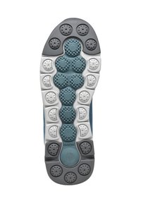 Suola della scarpa con un design segmentato caratterizzato da indentature circolari nei colori grigio, bianco e teal, che offre una superficie testurizzata per una migliore aderenza.
