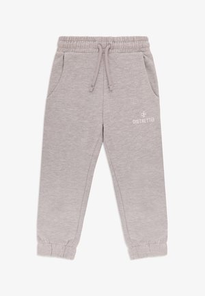 Pantaloni della tuta grigi con vita elasticizzata e coulisse, dotati di tasche laterali e polsini a coste. Logo "DISTRETTO" stampato sulla coscia.