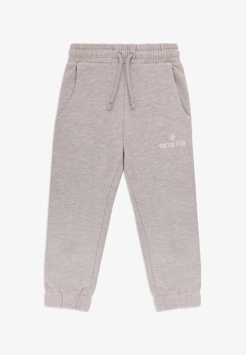 Pantaloni della tuta grigi con vita elasticizzata e coulisse, dotati di tasche laterali e polsini a coste. Logo "DISTRETTO" stampato sulla coscia.