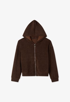 Felpa zip-up marrone con un motivo testurizzato, dotata di cappuccio e maniche lunghe. Morbido al tatto; chiusura frontale con zip.