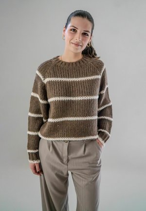Bruine gebreide trui met witte horizontale strepen en een gestructureerde afwerking, gecombineerd met lichtgrijze broeken. Heeft een ronde halslijn en een comfortabele pasvorm.