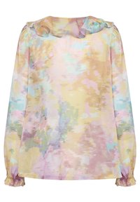 Blusa stampata pastello realizzata in tessuto leggero. Presenta un colletto arricciato, maniche lunghe con polsini elasticizzati e una vestibilità ampia.