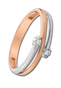 Bague ouverte en or rose et argent avec deux petites diamants ronds à chaque extrémité, présentant un design élégant et moderne.