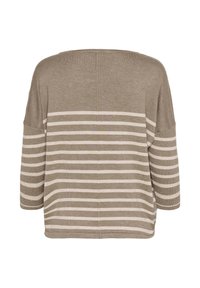 Maglione a righe orizzontali beige e crema, con maniche lunghe, visto da dietro.