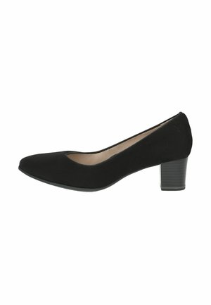 Black suede pump with a rounded toe, low block heel, and subtle detailing. Smooth texture and a classic silhouette.