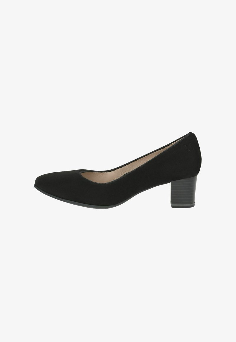 Fekete velúr pumpa kerek orral, alacsony blokk sarokkal és diszkrét részletezéssel. Simata textúra és klasszikus sziluett.