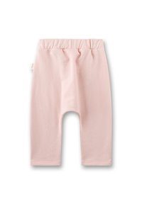 Helle rosa Baumwoll-Baby-Leggings mit elastischem Taillenbund und lockerer Passform. Sie verfügen über eine glatte Textur und keine sichtbaren Muster oder Beschläge.