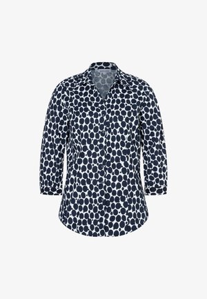 Marineblaue und weiße Hemdbluse mit Dreiviertelärmeln, versehen mit einem Tupfenmuster und einem klassischen Kragen.
