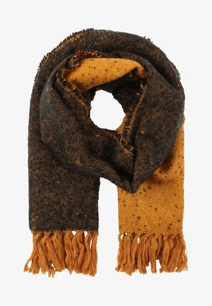 Écharpe tissée avec un design bicolore en noir et moutarde, présentant des motifs mouchetés et des extrémités à franges.