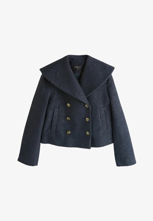 Palton cropt dublu petrecut de culoare bleumarin, realizat dintr-un material texturat, cu reveruri mari și șase nasturi aurii, prevăzut cu două buzunare laterale.