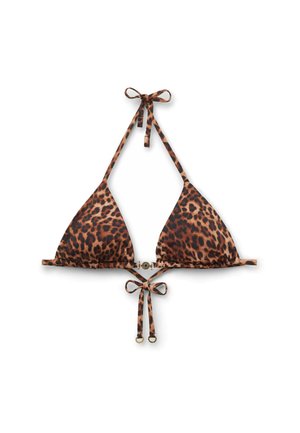 Bikini top s leopardím vzorem, se trojúhelníkovým tvarem, nastavovacími tkanicemi a zlatým kovovým detailem uprostřed zad.