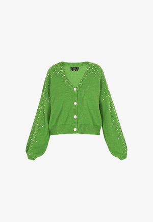 Grøn strikket cardigan med V-hals, puffærmer, perleaccentuer og fem knapper foran. Tekstureret stof og cropped design.