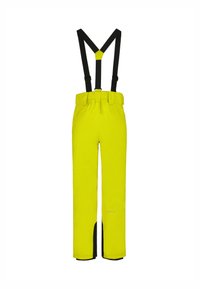 Geel waterdichte broek met zwarte bretels, elastische tailleband en versterkte zwarte manchetten. Gladde structuur, recht-pijp ontwerp.