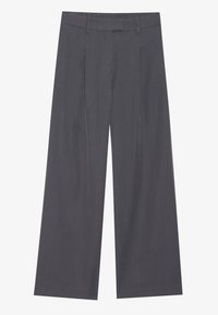 Gray wide-leg trousers with a smooth texture, featuring a pleated design at the front and a standard waistline for a comfortable fit.