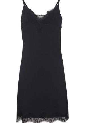 Abito sottoveste in seta nera con rifiniture in pizzo. Presenta spalline regolabili e un orlo ondulato. Tessuto liscio con dettagli delicati.