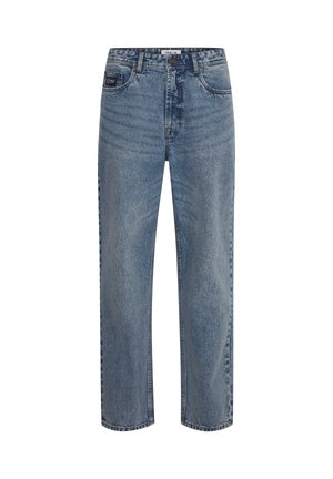 Lyseblå denimjeans med rette ben, høyt liv, fem-lommersstil, subtil falming, med metallknapp og glidelåslukking.