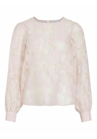 Blouse légère rose pâle transparente avec manches longues bouffantes, broderie florale, encolure ronde et fermeture à boutons au dos.