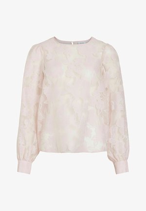 Lys rosa gjennomskinnelig bluse med lange puffede ermer og blomsterbroderi, rund halslinning og knappelukking bak.