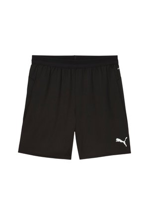 Zwarte sportshorts van lichtgewicht stof, met een elastische tailleband, zijzakken en een wit Puma-logo aan de onderkant aan de linkerkant.