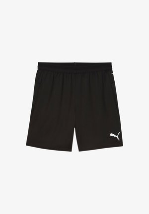 Zwarte sportshorts van lichtgewicht stof, met een elastische tailleband, zijzakken en een wit Puma-logo aan de onderkant aan de linkerkant.