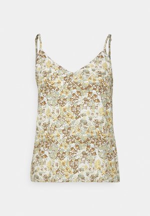 Sleeveless floral-patterned camisole top with thin straps in muted green, yellow, brown, and white colors on a light background.