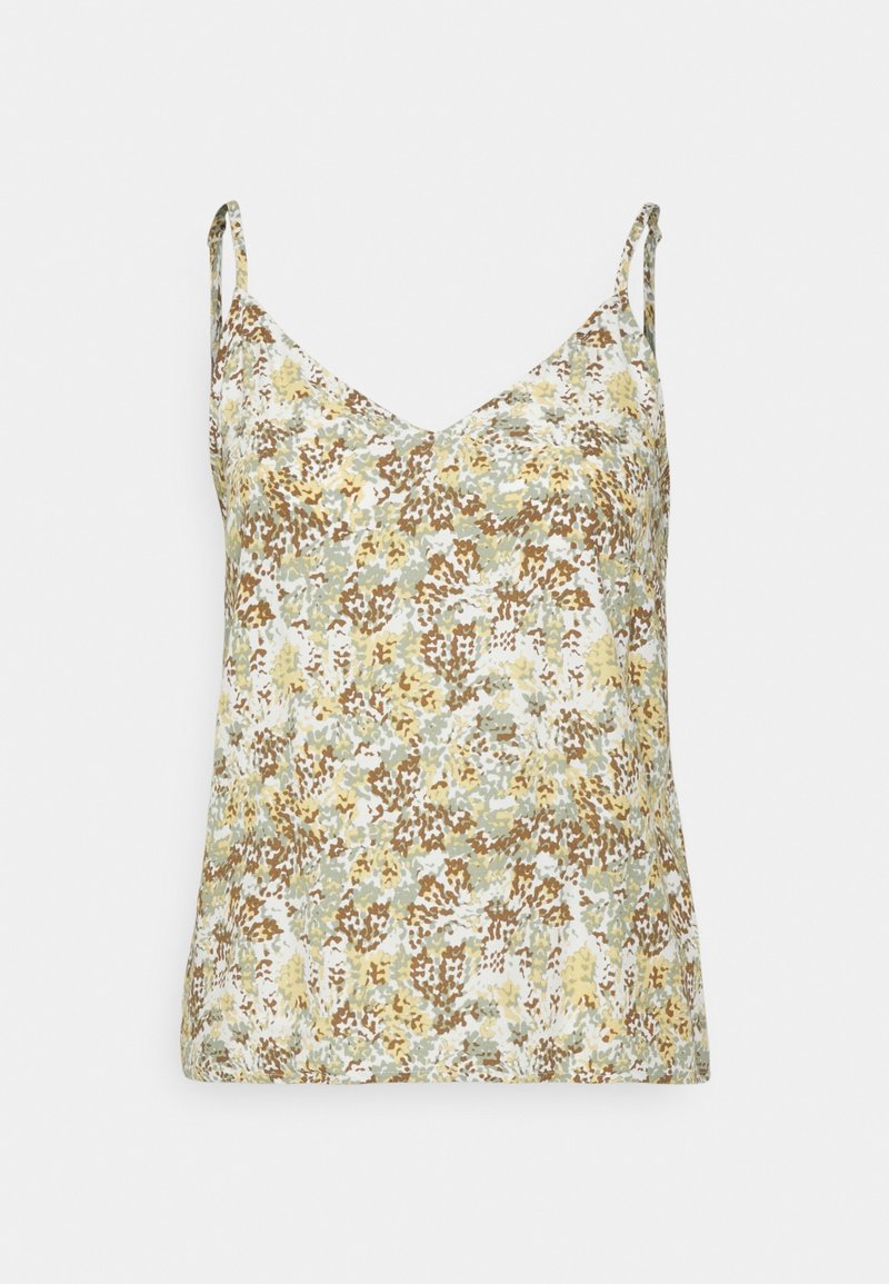 Haut camisole sans manches à motif floral avec fines bretelles dans des couleurs vert pâle, jaune, marron et blanc sur un fond clair.