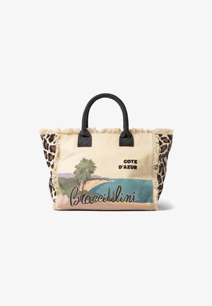Canvas tote bag with a beige body, leopard print accents, frayed edges, and a graphic design featuring a coastal scene and text.