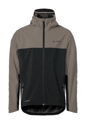 Vaude Fahrradjacke in dunkelgrau und helltaupe, mit Reißverschluss vorne, Kapuze und seitlichen Reißverschlusstaschen. Mit abgerundetem Saum.