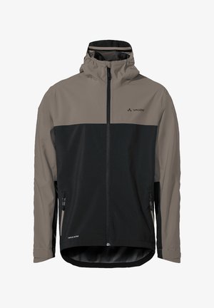 Vaude Fahrradjacke in dunkelgrau und helltaupe, mit Reißverschluss vorne, Kapuze und seitlichen Reißverschlusstaschen. Mit abgerundetem Saum.