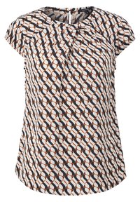 Blouse à manches courtes en tissu léger présentant un motif géométrique en noir, blanc et orange avec un détail plissé à l'avant.