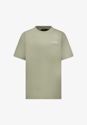 Licht olijfgroen T-shirt met korte mouwen van zachte stof, met een klein "TROPICAL" tekstlogo in een contrasterende kleur aan de voorkant.