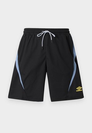 Schwarze sportliche Shorts mit hellblauen Seitenstreifen, elastischem Bund, weißem Kordelzug und gelbem Umbro-Logo am linken Bein.