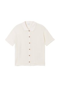 Kortärmad krämfärgad skjorta i strukturerad tyg, med krage och fem bruna knappstängningar framtill.