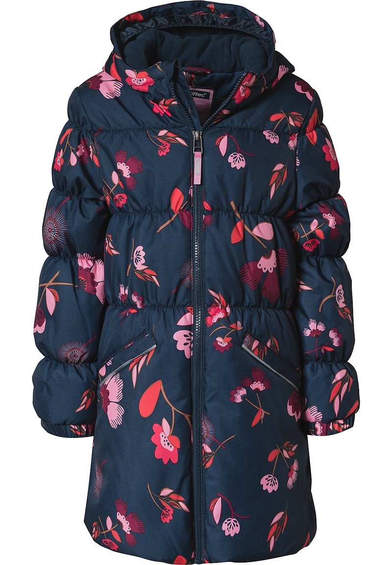 Manteau rembourré marine avec des motifs floraux en rose et blanc, doté d'une capuche, d'une fermeture éclair à l'avant et de deux poches latérales. Texture douce et matelassée.