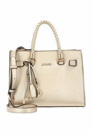 Sac à main en cuir beige texturé avec poignées tressées, bandoulière amovible, pompons décoratifs et logo Liu Jo doré.