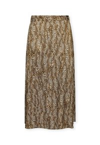 Gonna a stampa leopardata marrone e beige, lunghezza al ginocchio, tessuto leggero con una consistenza liscia, vita elasticizzata e taglio dritto.