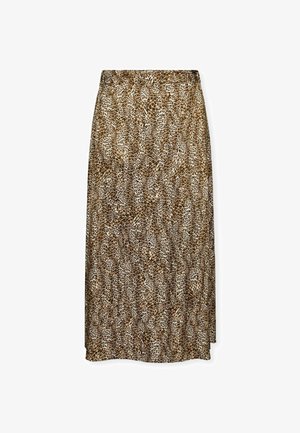 Braun und beige Leopardmusterrock, knielang, leichtes Material mit glatter Textur, elastischer Bund und gerader Schnitt.