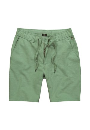 Pantaloni shorts verdi realizzati in tessuto testurizzato, con vita elasticizzata, chiusura con cordino e tasca frontale con zip.