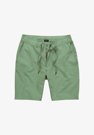 Zelené kraťasy vyrobené z texturované látky, s elastickým pasem, stahovací šňůrkou a zipovou přední kapsou.