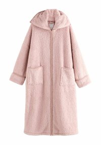 Lange roze fleece jas met ritssluiting, twee voorzakken en een hoge kraag, gemaakt van een zachte, gestructureerde stof en een ontspannen pasvorm.